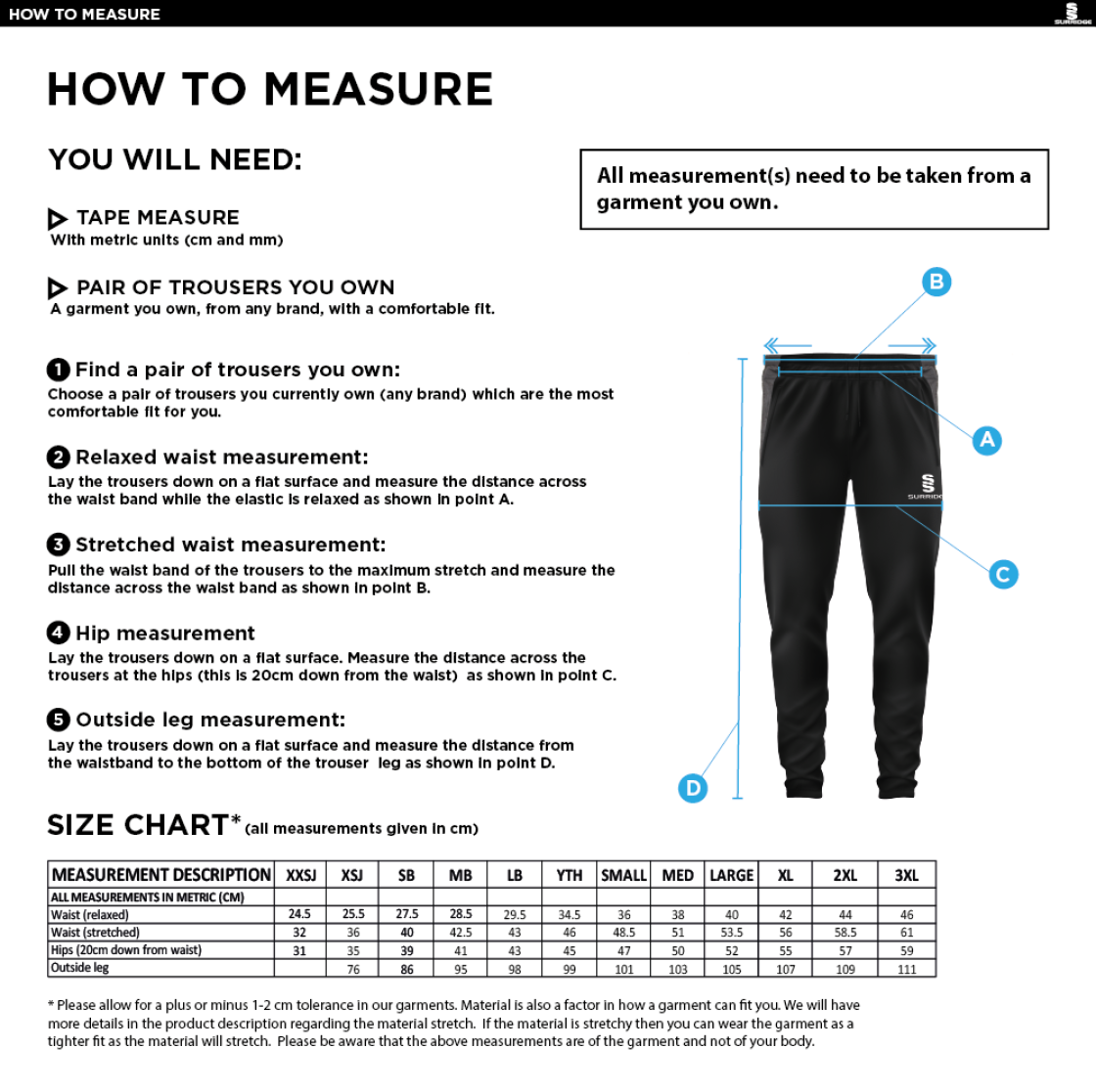 Blyth CC - Tek Slim Training Pants : Navy - Size Guide