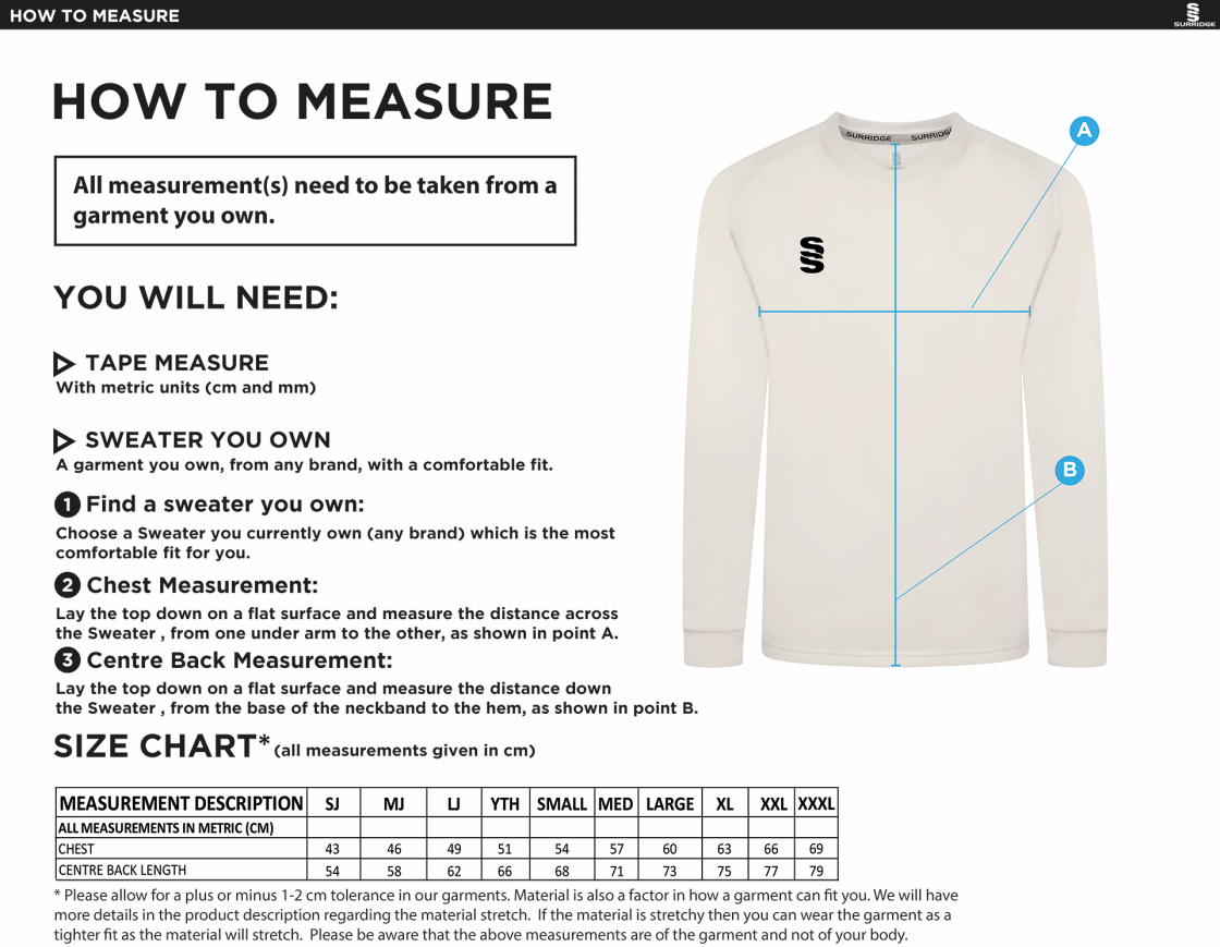Blyth CC - Blast Long Sleeve Cricket Sweater - Size Guide