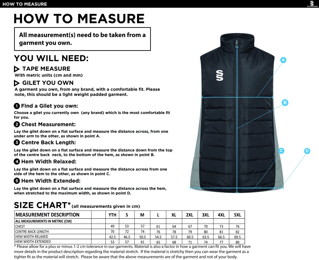Blyth CC ACTIVE GILET - NAVY - Size Guide