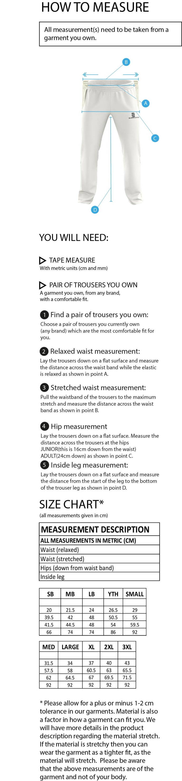 Blyth CC - Standard Playing Pant - Size Guide