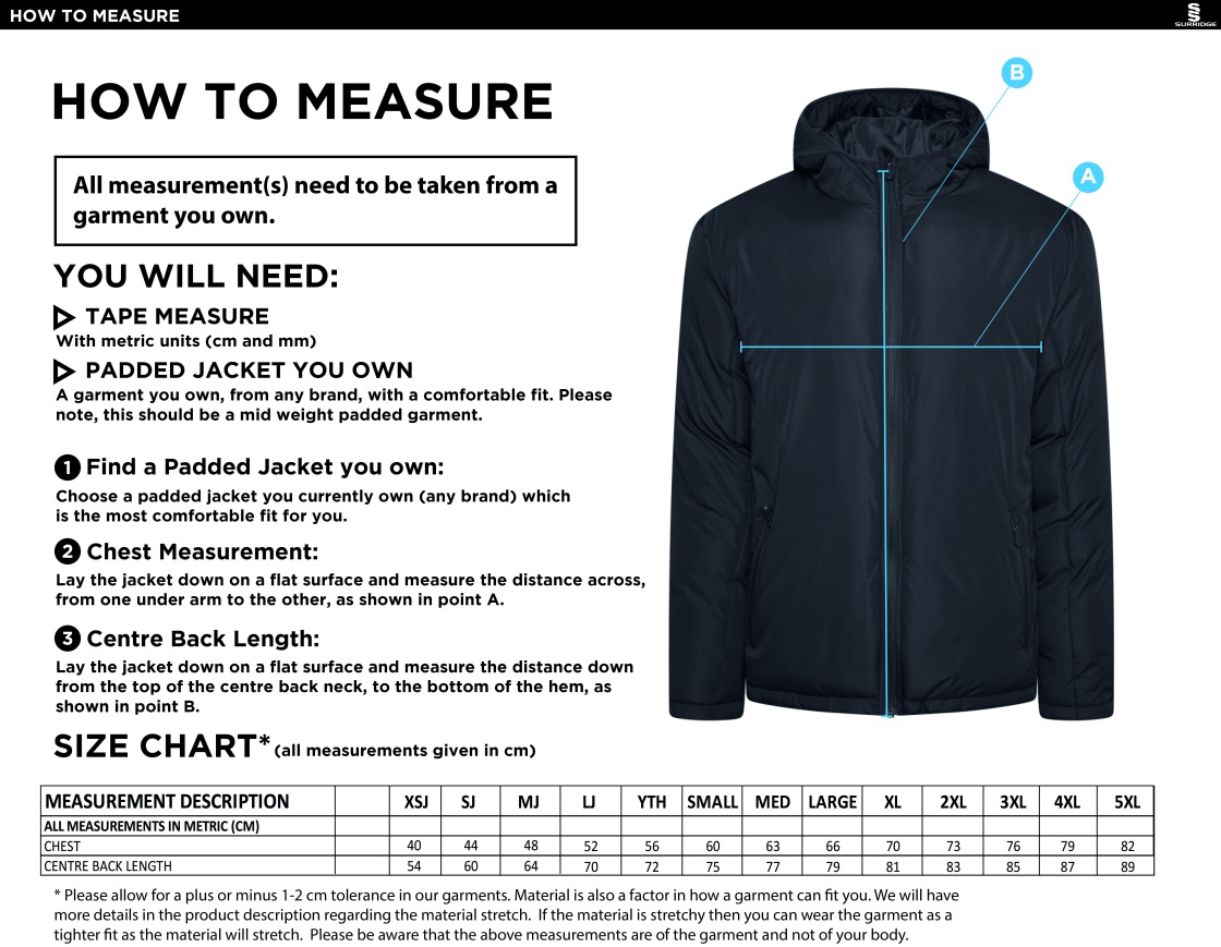BLYTH CC Active Padded Jacket - Navy - Size Guide