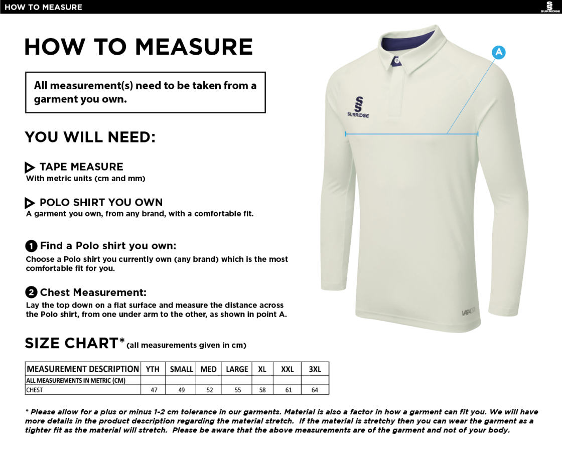 Blyth CC - FUSE LONG SLEEVE CRICKET SHIRT - Mens / Juniors - Size Guide