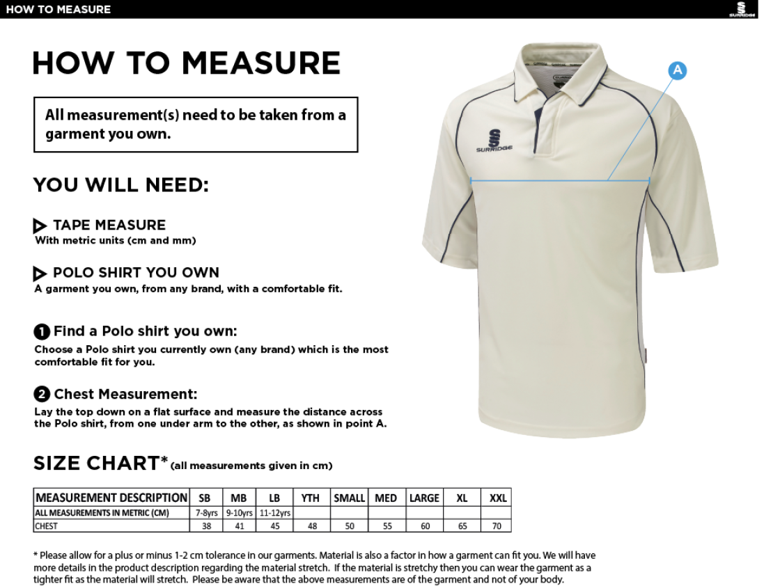 Blyth CC Dual Premier Short Sleeve Shirt - Size Guide