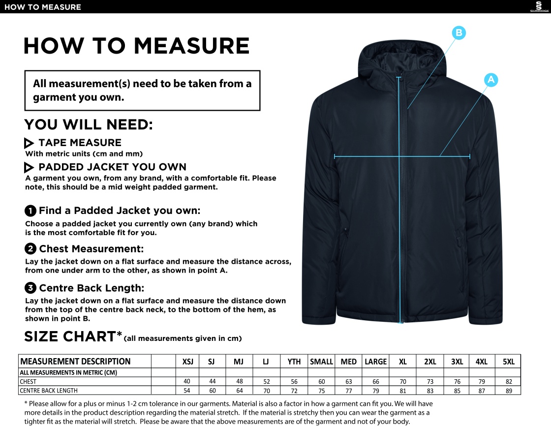 BLYTH CC Active Padded Jacket - Navy - Size Guide
