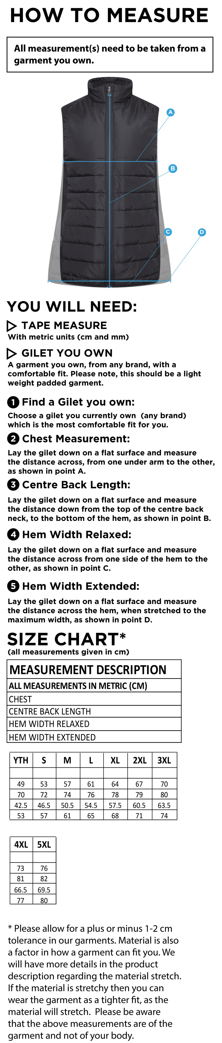 Blyth CC ACTIVE GILET - NAVY - Size Guide