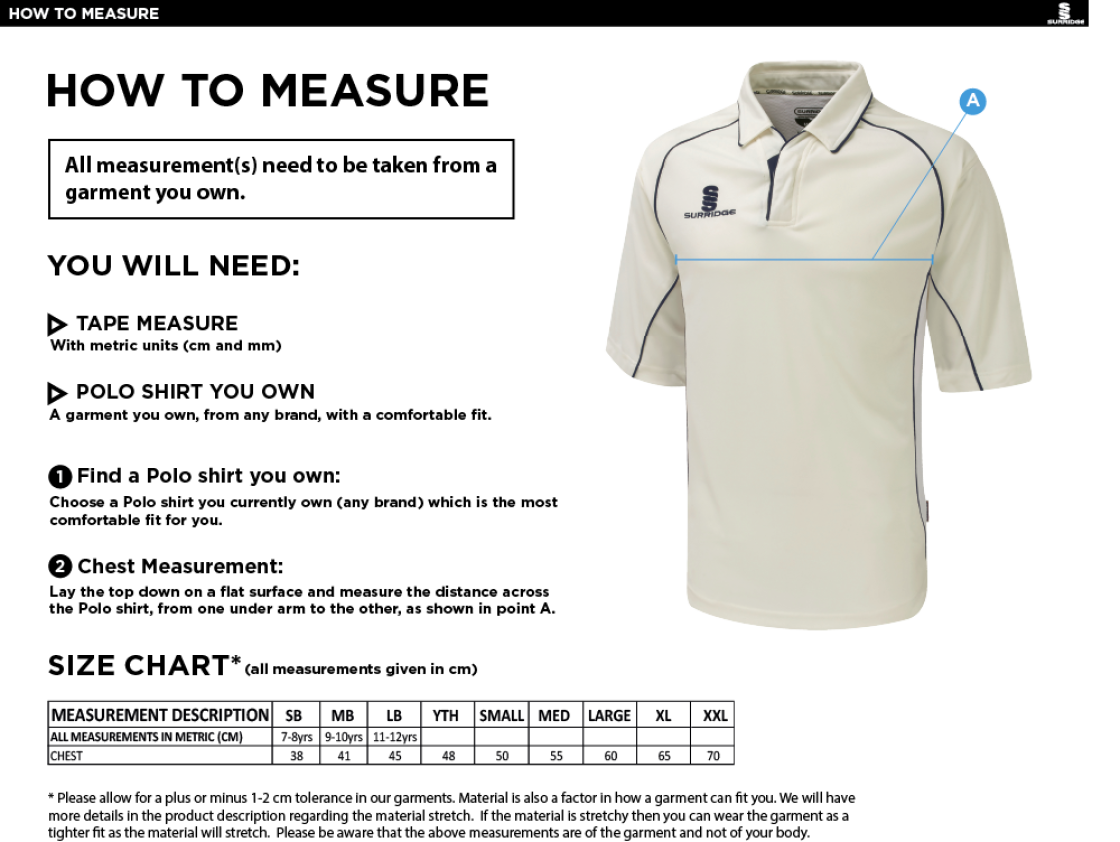Blyth CC Dual Premier Short Sleeve Shirt - Size Guide