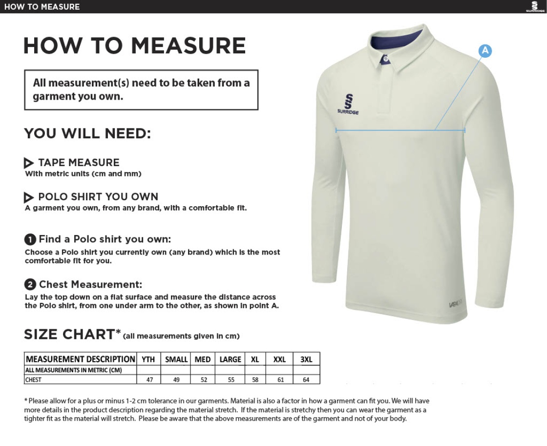 Blyth CC - Dual Cricket Shirt Long Sleeve - Size Guide