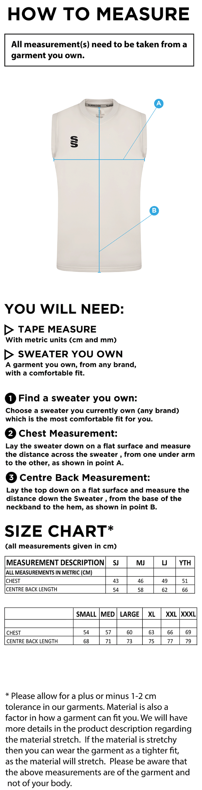 Blyth CC - Blast Sleeveless Cricket Sweater - Size Guide