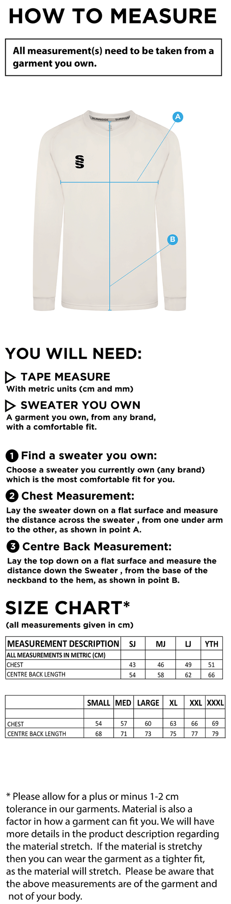Blyth CC - Blast Long Sleeve Cricket Sweater - Size Guide