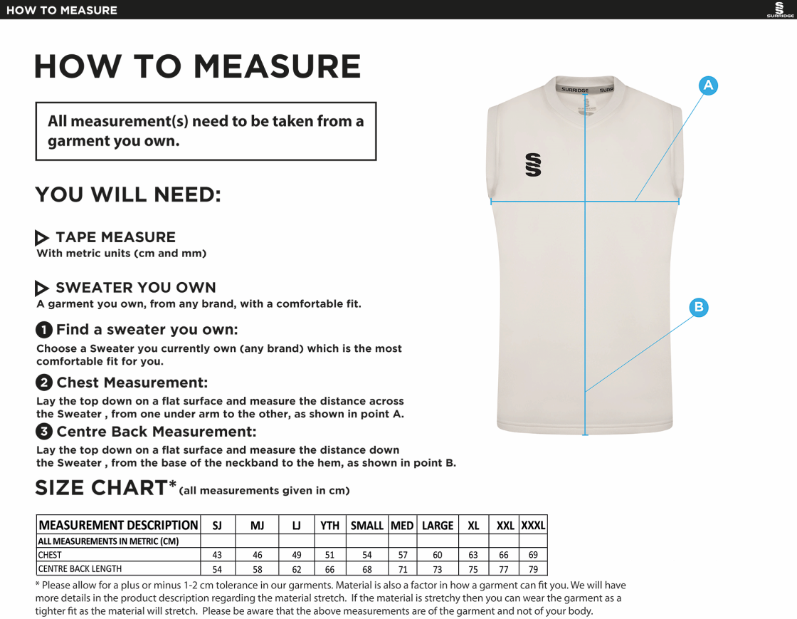 Blyth CC - Blast Sleeveless Cricket Sweater - Size Guide