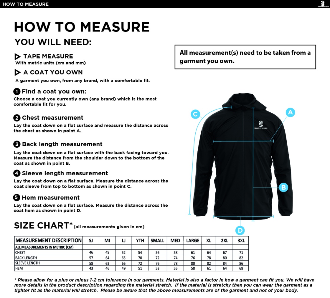 BLYTH CC Dual Elite 1/4 Zip Hoody / Rain Jacket - Size Guide