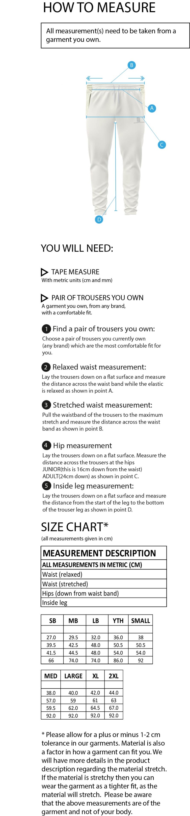 BLYTH CC Blade Playing Pant : Royal - Size Guide