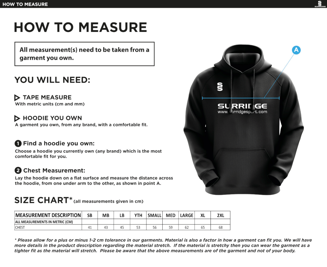 Blyth CC - Blade Hoody : Navy / Royal / White - Size Guide