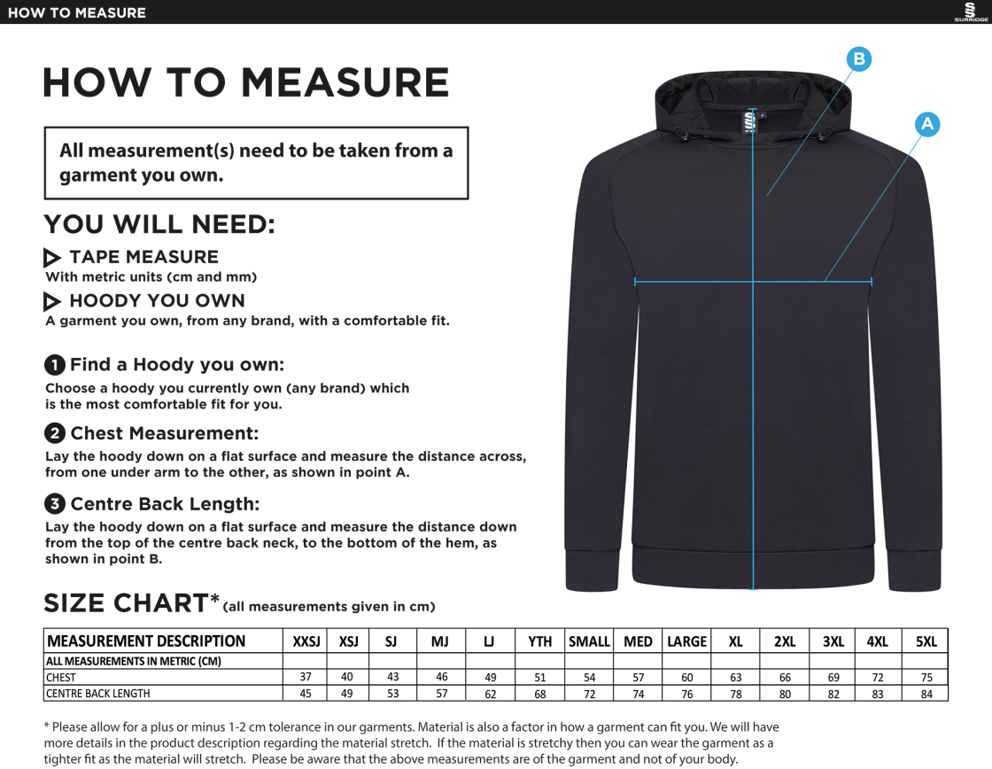 Blyth CC ACTIVE HOODY NAVY - Size Guide